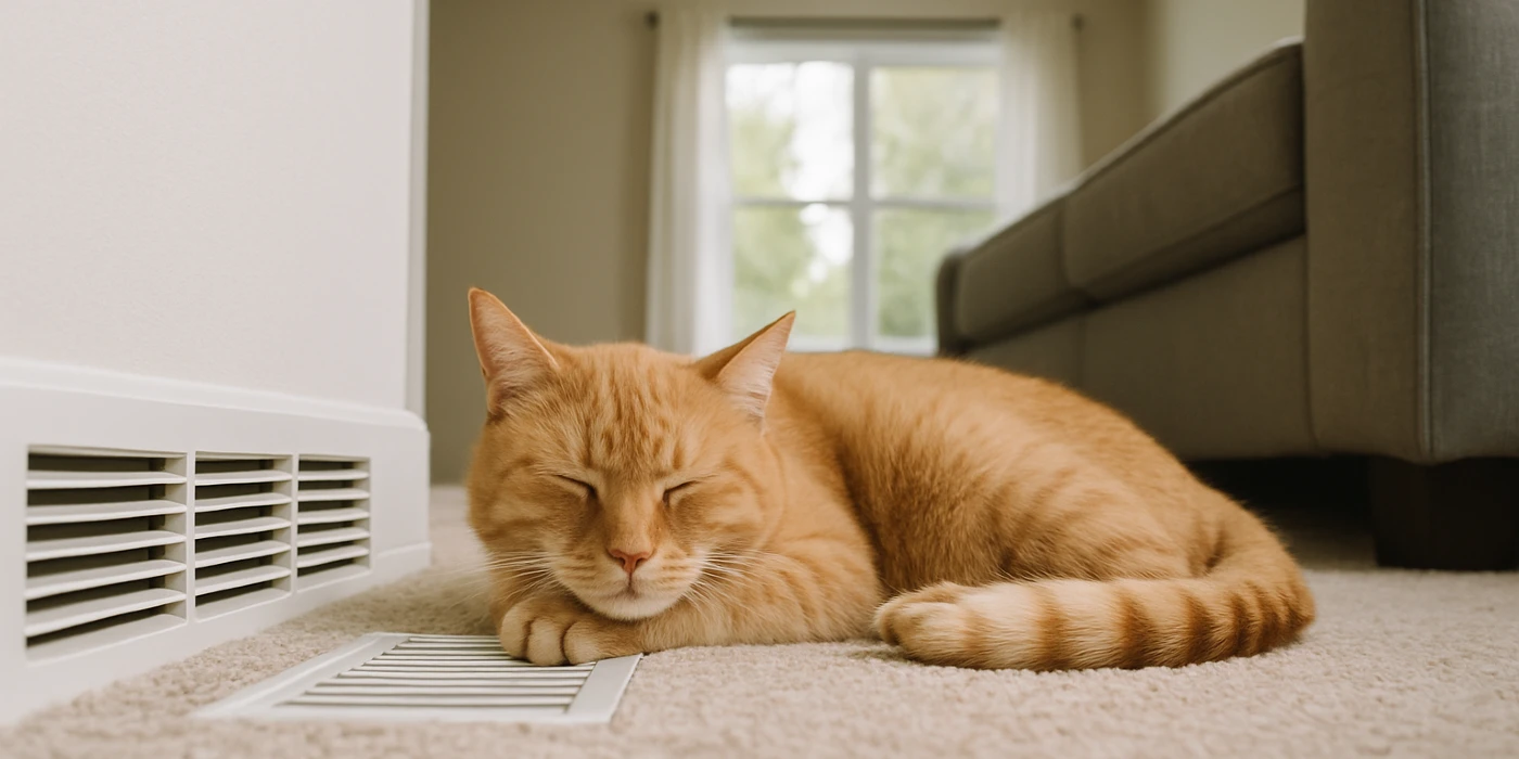 an orange cat laying on the carpet next to an AC vent from Air Conditioning Repair Houston in Houston, TX - ac compressor rebuild houston