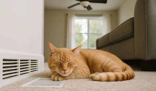 an orange cat laying on the carpet next to an AC vent from Air Conditioning Repair Houston in Houston, TX - ac compressor rebuild houston