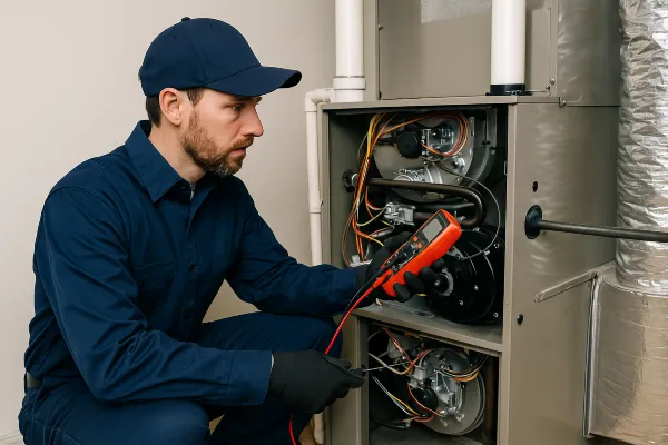 a male air conditioning technician using a current meter on a furnace unit from Air Conditioning Repair Houston in Houston, TX - ac compressor rebuild houston