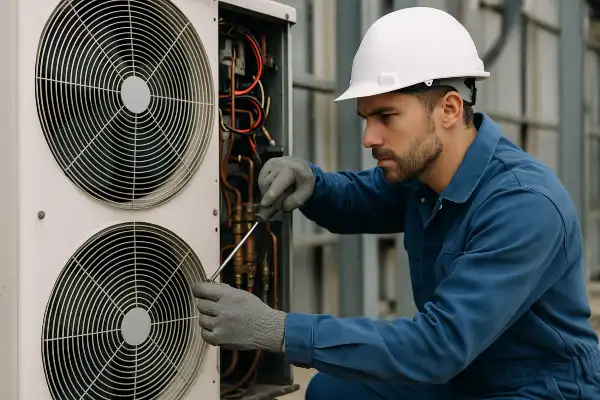 a male air conditioning technician using a scredriver to open an AC unit from Air Conditioning Repair Houston in Houston, TX - air conditioning installation