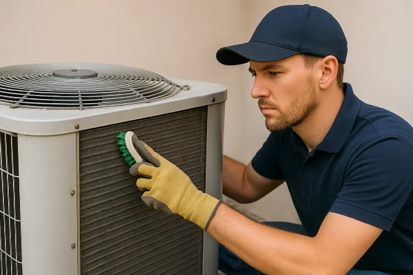 a male air conditioning technician cleaning the coils of an old AC unit from Air Conditioning Repair Houston in Houston, TX - air conditioning installation