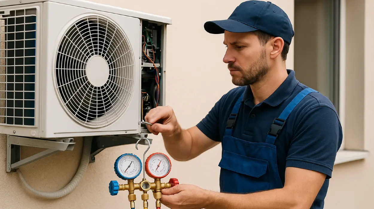 a male air conditioning technician checking an ac unit from Air Conditioning Repair Houston in Houston, TX 