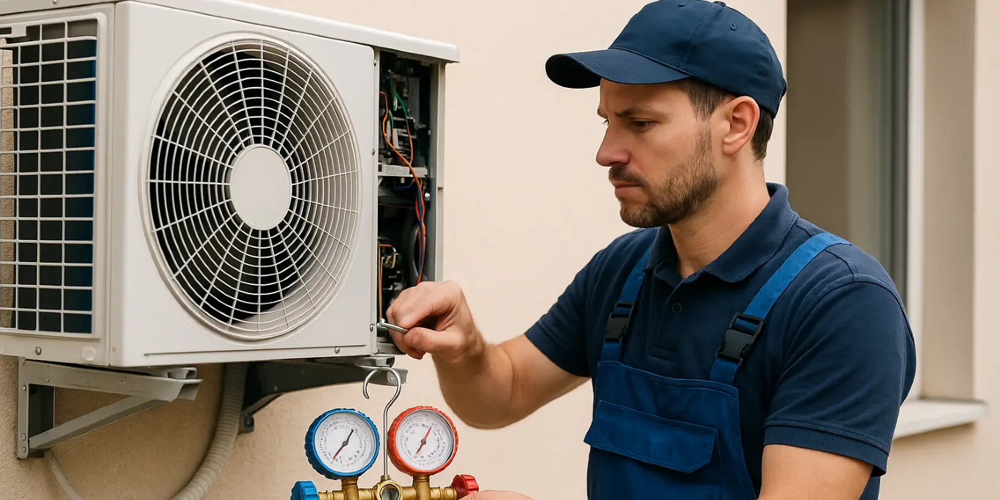 a male air conditioning technician checking an ac unit from Air Conditioning Repair Houston in Houston, TX 