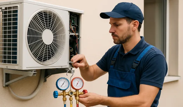 a male air conditioning technician checking an ac unit from Air Conditioning Repair Houston in Houston, TX 