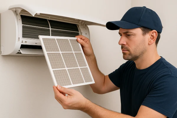 a male air conditioning technician replacing an ac filter from Air Conditioning Repair Houston in Houston, TX 