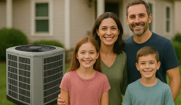 a family outside the house smiling at the camera with a new AC unit next to them from Air Conditioning Repair Houston in Baytown, TX - Baytown TX