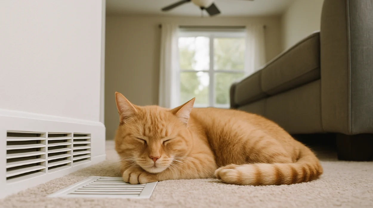 an orange cat laying on the carpet next to an AC vent from Air Conditioning Repair Houston in Cypress, TX - Cypress TX