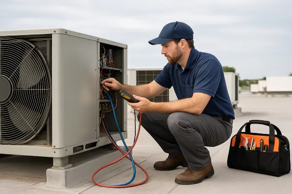 a male air conditioning technician on the roof checking an AC unit from Air Conditioning Repair Houston in Cypress, TX - Cypress TX