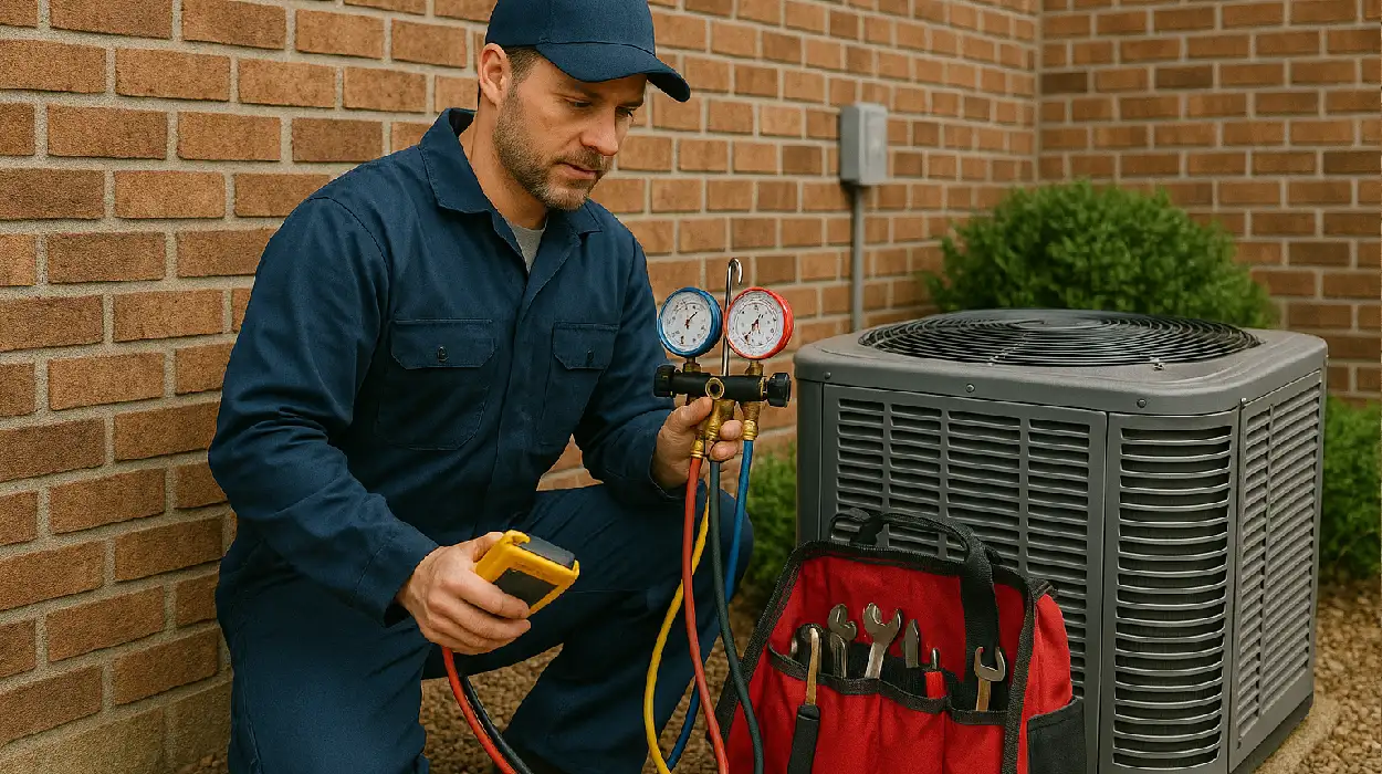 an air conditioning technician with his tools checking an outside ac unite from Air Conditioning Repair Houston in Houston, TX - furnace repair houston
