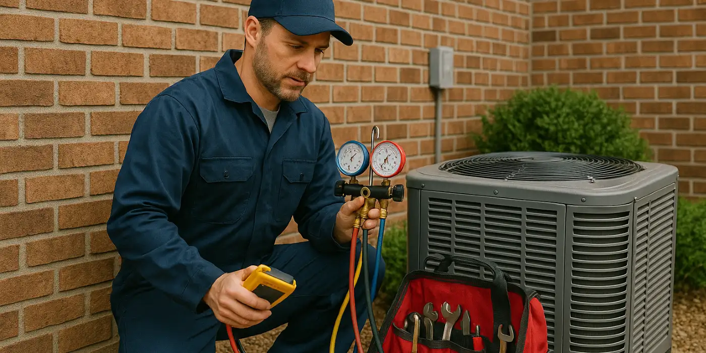 an air conditioning technician with his tools checking an outside ac unite from Air Conditioning Repair Houston in Houston, TX - furnace repair houston