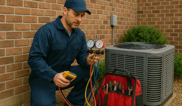an air conditioning technician with his tools checking an outside ac unite from Air Conditioning Repair Houston in Houston, TX - furnace repair houston