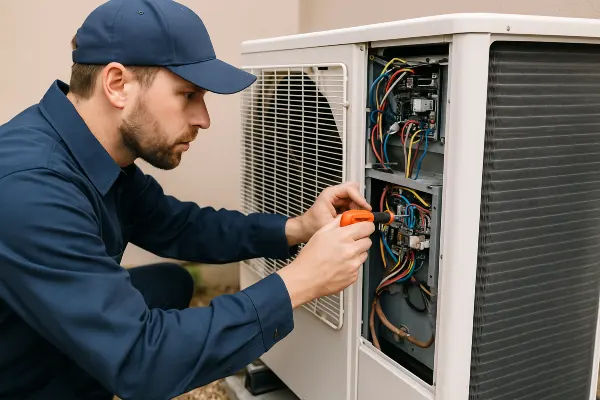 an air conditioning technician using a scredriver to check the wires of an ac unite from Air Conditioning Repair Houston in Houston, TX - furnace repair houston