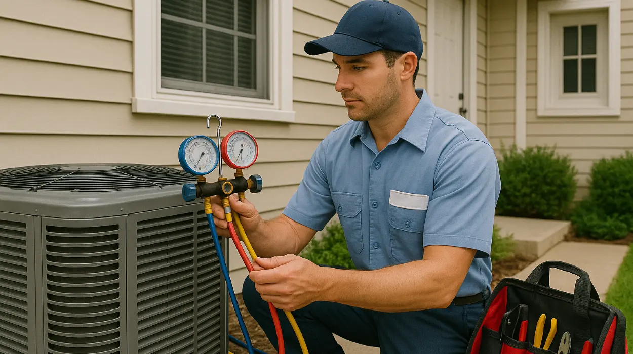 an air conditioning technician in uniform using the manifold gauge to test an ac unit from Air Conditioning Repair Houston in Houston, TX - houston ac maintenance
