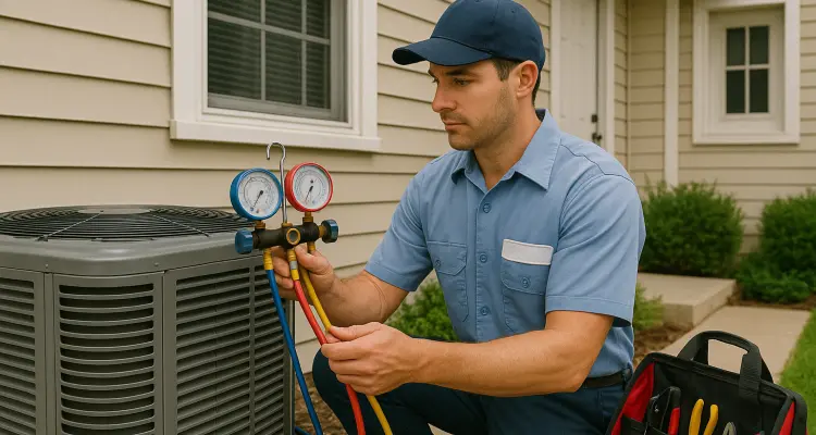 an air conditioning technician in uniform using the manifold gauge to test an ac unit from Air Conditioning Repair Houston in Houston, TX - houston ac maintenance
