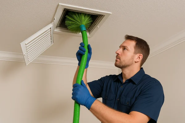 an air conditioning technician cleaning the ducts with a machine from Air Conditioning Repair Houston in Houston, TX - houston ac maintenance