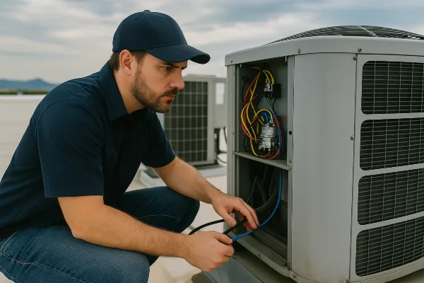 a male air conditioning technician checking a commercial ac unit located on the roof of the building from Air Conditioning Repair Houston in Katy, TX - Katy TX