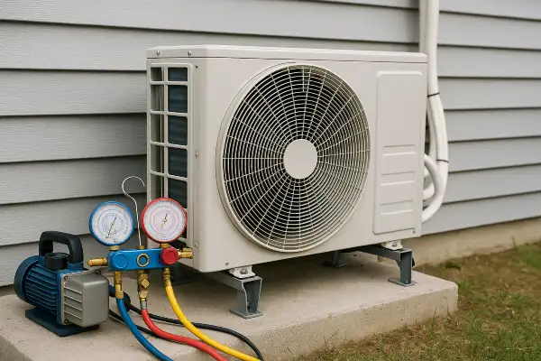 an ac unit outside with an ac manifold gauge next to it from Air Conditioning Repair Houston in Katy, TX - Katy TX