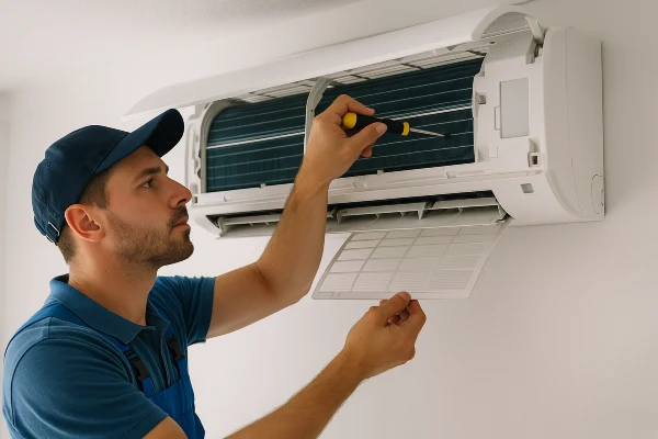 an air conditioning technician checking a mini split ac from Air Conditioning Repair Houston in Katy, TX - Katy TX