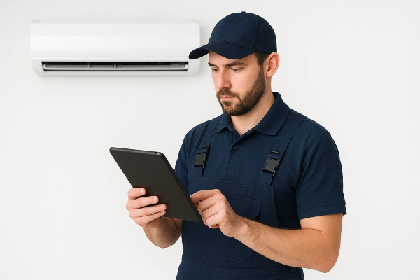 an air conditioning technician with an ipad filling out a report from Air Conditioning Repair Houston in Katy, TX - Katy TX