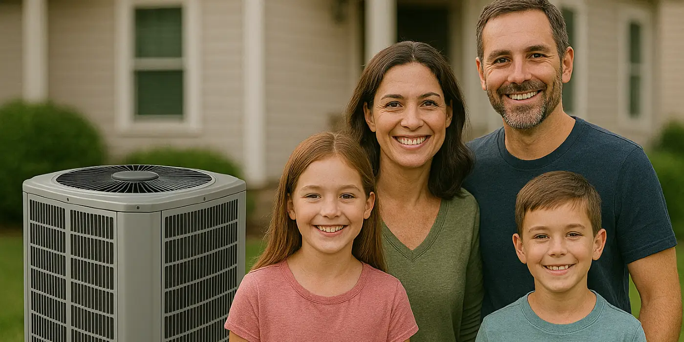 a family outside the house smiling at the camera with a new AC unit next to them from Air Conditioning Repair Houston in Houston, TX - residential ac repair houston