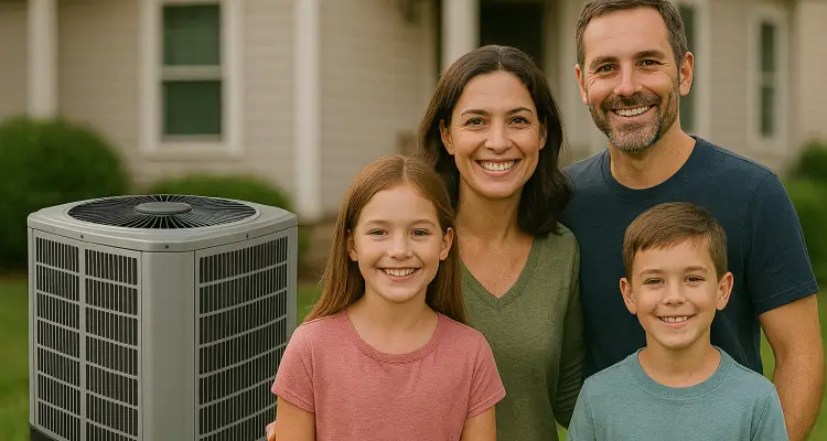 a family outside the house smiling at the camera with a new AC unit next to them from Air Conditioning Repair Houston in Houston, TX - residential ac repair houston