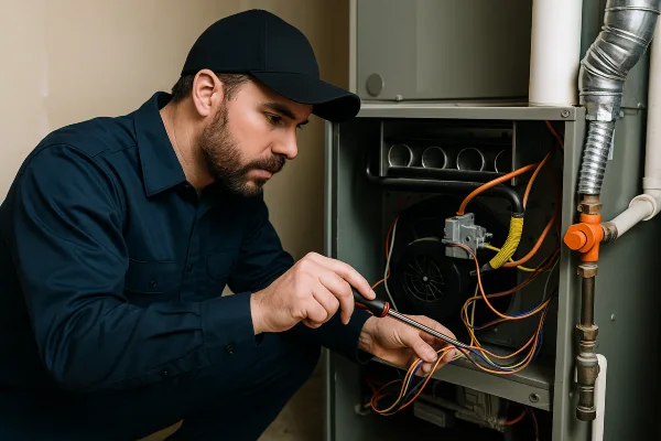 a male air conditioning technician checking a furnace wiring from Air Conditioning Repair Houston in Houston, TX - residential ac repair houston