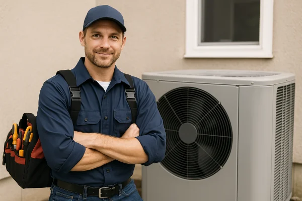 a male hvac technician with a tool bag smiling at the camera from Air Conditioning Repair Houston in Sugar Land, TX - Sugar Land TX