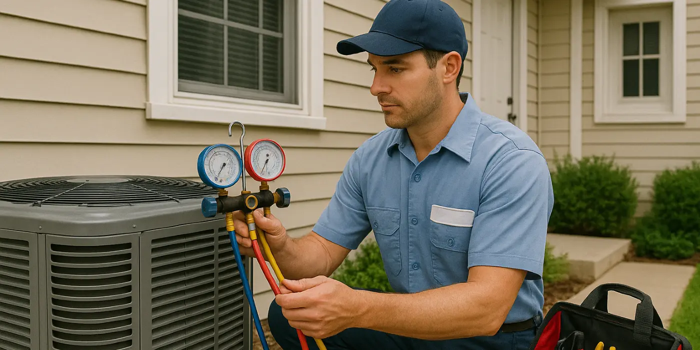 an air conditioning technician in uniform using the manifold gauge to test an ac unit from Air Conditioning Repair Houston in The Woodlands, TX - The Woodlands TX
