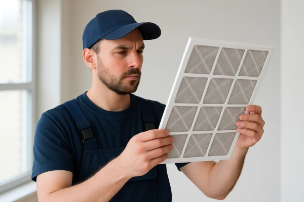 an air conditioning technician holding and checking an ac filter from Air Conditioning Repair Houston in The Woodlands, TX - The Woodlands TX